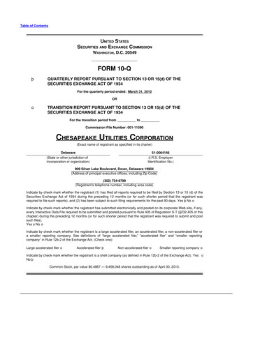 Thumbnail Chesapeake Utilities
 10-Q Quarterly Report FY 