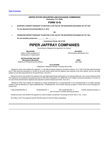 Miniature Piper Sandler
 10-Q Rapport trimestriel  