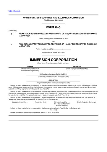 Miniature Immersion Corporation
 10-Q Rapport trimestriel  