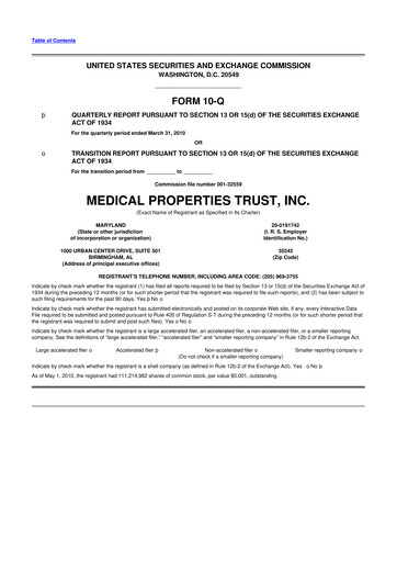 Thumbnail Medical Properties Trust
 10-Q Quarterly Report FY 