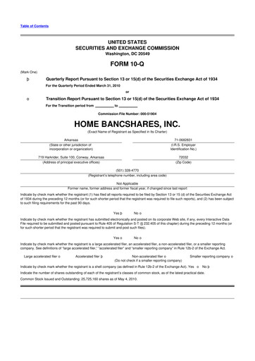 Thumbnail Home BancShares
 10-Q Quarterly Report FY 