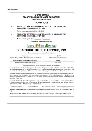 Thumbnail Berkshire Hills Bancorp 10-Q Quarterly Report FY 