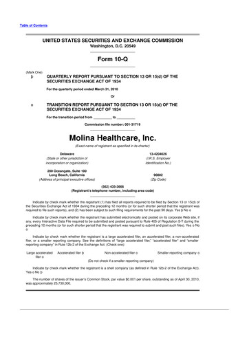 Thumbnail Molina Healthcare
 10-Q Quarterly Report FY 