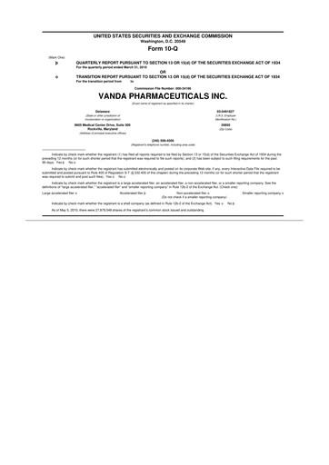 Miniature Vanda Pharmaceuticals 10-Q Rapport trimestriel  