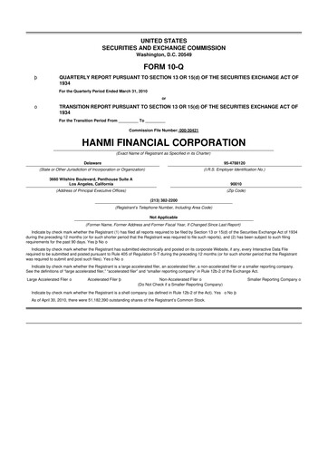 Thumbnail Hanmi Financial 10-Q Quarterly Report FY 
