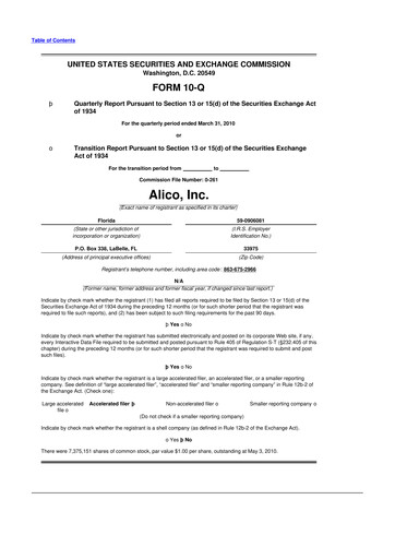 Thumbnail Alico
 10-Q Quarterly Report FY 