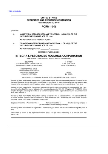 Thumbnail Integra LifeSciences 10-Q Quarterly Report FY2010 