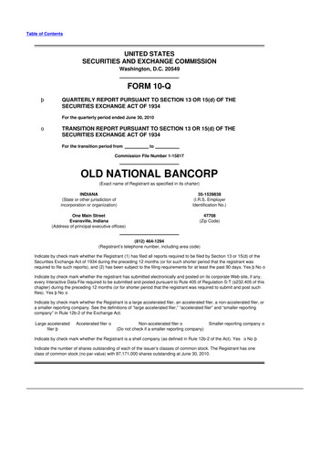 Thumbnail Old National Bank
 10-Q Quarterly Report FY 