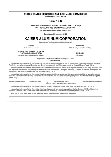 Thumbnail Kaiser Aluminum
 10-Q Quarterly Report FY2010 