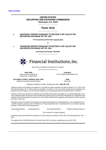 Thumbnail Financial Institutions 10-Q Quarterly Report FY 