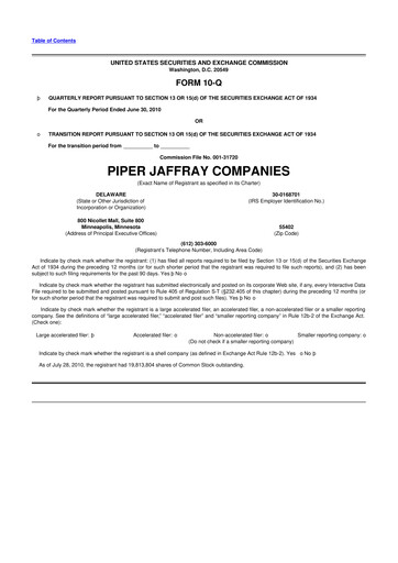 Miniature Piper Sandler
 10-Q Rapport trimestriel 2010 