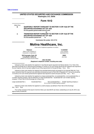 Thumbnail Molina Healthcare
 10-Q Quarterly Report FY 