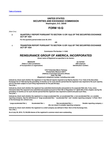 Miniature Reinsurance Group of America
 10-Q Rapport trimestriel 2010 