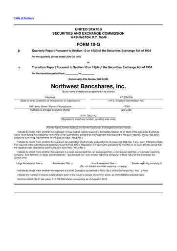 Thumbnail Northwest Bancshares
 10-Q Quarterly Report FY 