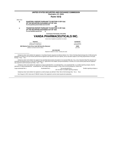 Miniature Vanda Pharmaceuticals 10-Q Rapport trimestriel  