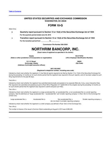 Thumbnail Northrim BanCorp 10-Q Quarterly Report FY 