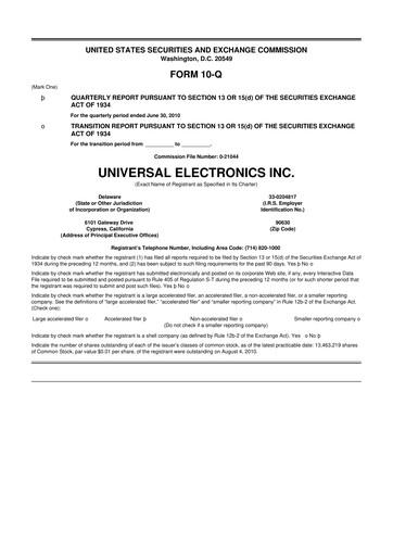 Thumbnail Universal Electronics 10-Q Quarterly Report FY 