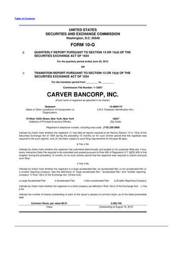 Thumbnail Carver Bancorp 10-Q Quarterly Report FY 