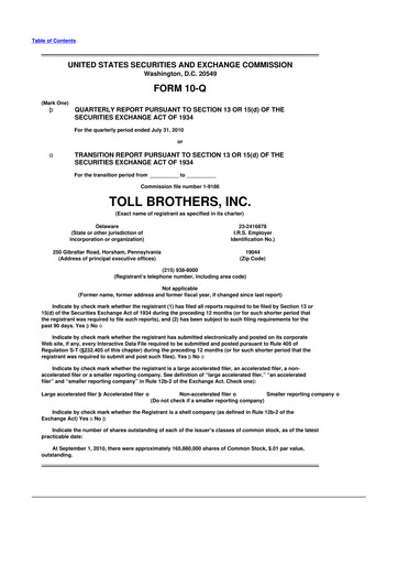 Thumbnail Toll Brothers
 10-Q Quarterly Report FY2010 