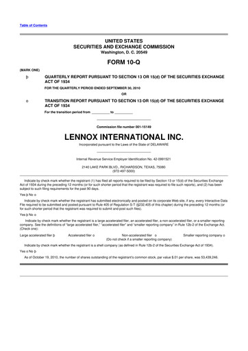 Miniature Lennox 10-Q Rapport trimestriel 2010 