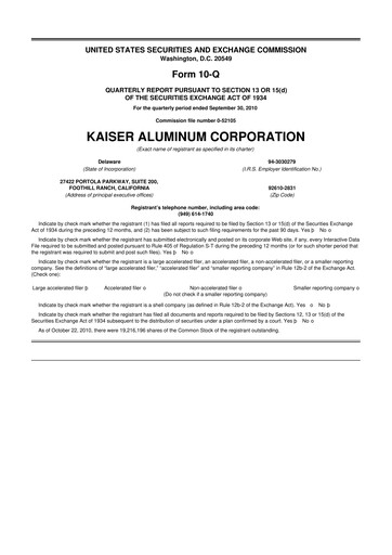 Thumbnail Kaiser Aluminum
 10-Q Quarterly Report FY2010 