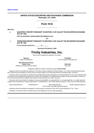Miniature Trinity Industries
 10-Q Rapport trimestriel 2010 