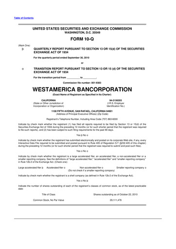 Thumbnail Westamerica Bancorporation
 10-Q Quarterly Report FY2010 