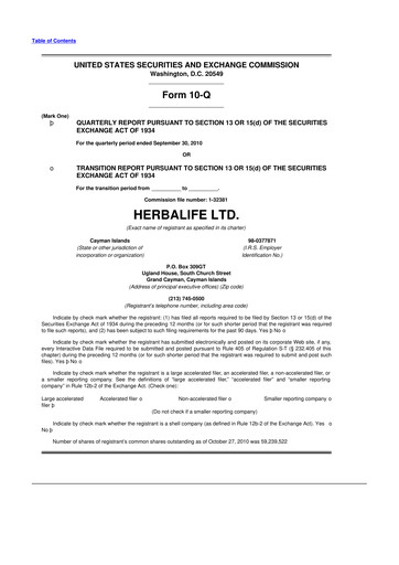 Thumbnail Herbalife 10-Q Quarterly Report FY2010 