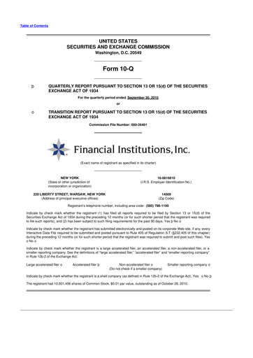 Thumbnail Financial Institutions 10-Q Quarterly Report FY 