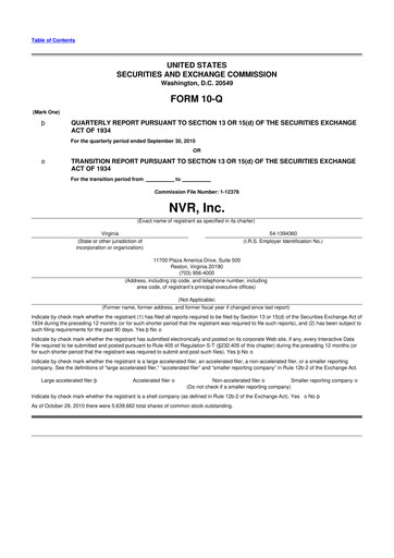 Miniature NVR 10-Q Rapport trimestriel 2010 