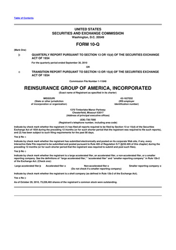 Miniature Reinsurance Group of America
 10-Q Rapport trimestriel 2010 