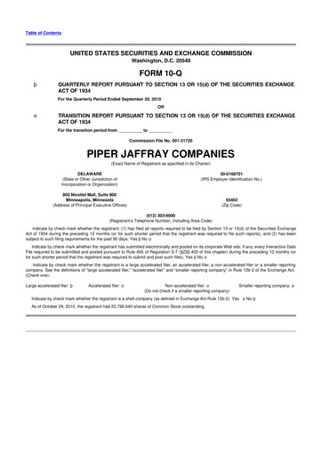 Miniature Piper Sandler
 10-Q Rapport trimestriel 2010 