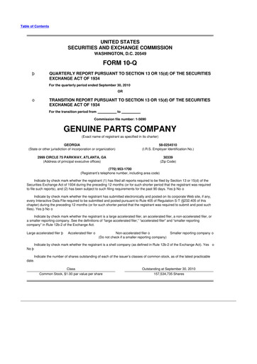 Thumbnail Genuine Parts Company
 10-Q Quarterly Report FY2010 