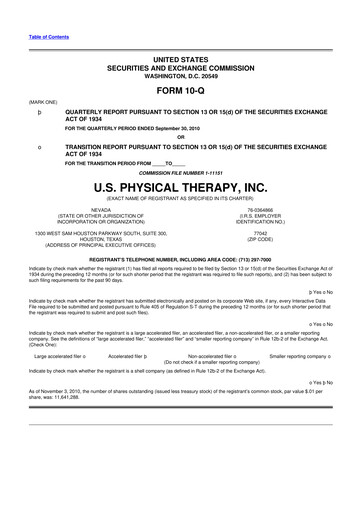 Thumbnail U.S. Physical Therapy, Inc. 10-Q Quarterly Report FY 