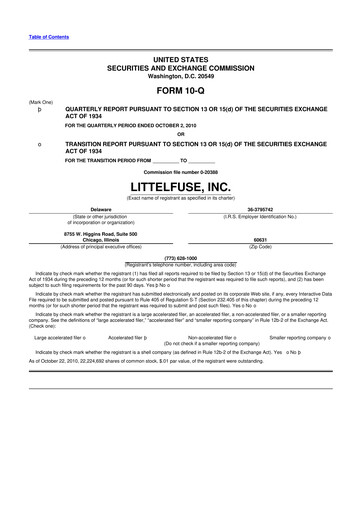 Miniature Littelfuse 10-Q Rapport trimestriel  