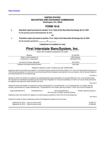 Thumbnail First Interstate BancSystem 10-Q Quarterly Report FY 