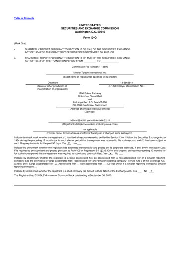 Thumbnail Mettler Toledo 10-Q Quarterly Report FY2010 