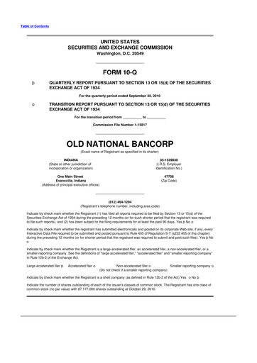 Thumbnail Old National Bank
 10-Q Quarterly Report FY 