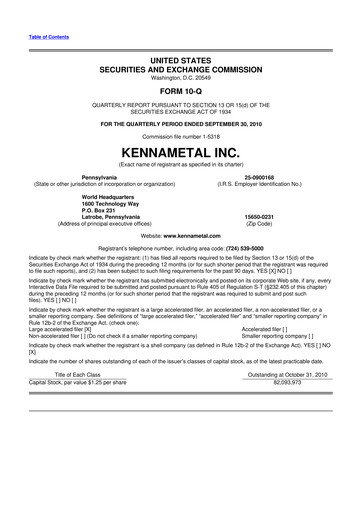 Vorschaubild Kennametal 10-Q Quartalsbericht 2011 