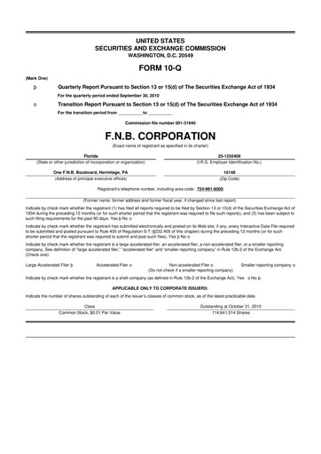 Thumbnail F.N.B. Corporation
 10-Q Quarterly Report FY2010 