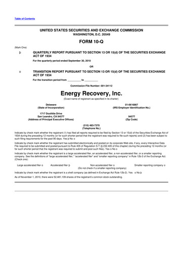 Thumbnail Energy Recovery
 10-Q Quarterly Report FY 