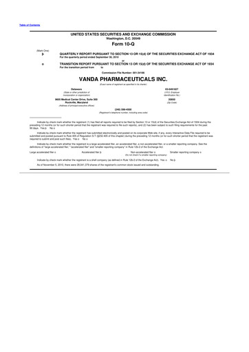 Miniature Vanda Pharmaceuticals 10-Q Rapport trimestriel  