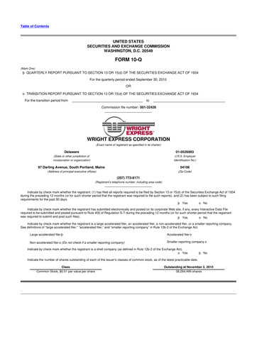 Thumbnail WEX 10-Q Quarterly Report FY2010 