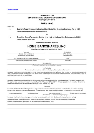 Thumbnail Home BancShares
 10-Q Quarterly Report FY 