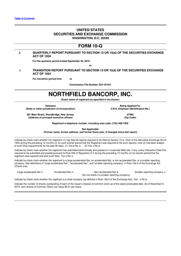 Thumbnail Northfield Bancorp 10-Q Quarterly Report FY 