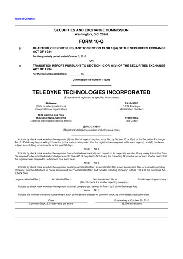 Thumbnail Teledyne Technologies 10-Q Quarterly Report FY2011 