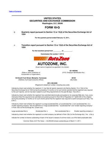 Miniature AutoZone 10-Q Rapport trimestriel 2011 