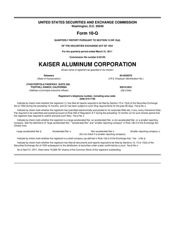 Thumbnail Kaiser Aluminum
 10-Q Quarterly Report FY2011 