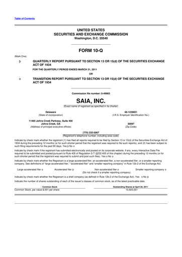 Thumbnail Saia
 10-Q Quarterly Report FY 