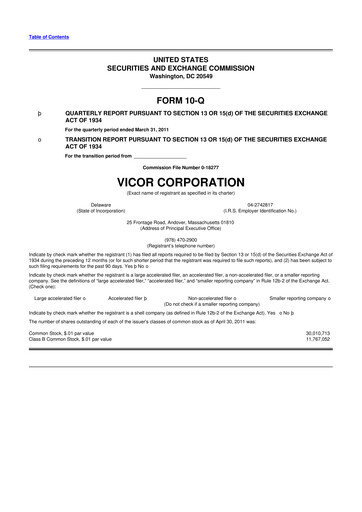Miniature Vicor
 10-Q Rapport trimestriel  